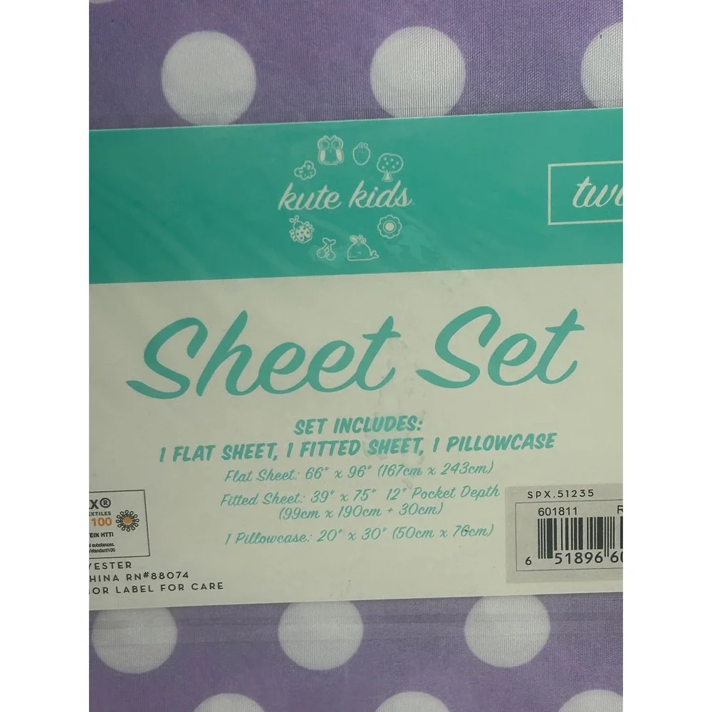 Kute Kids Purple Polka Dot Twin‎ Sheet Set 3 Piece OEKO-TEX Polyester New